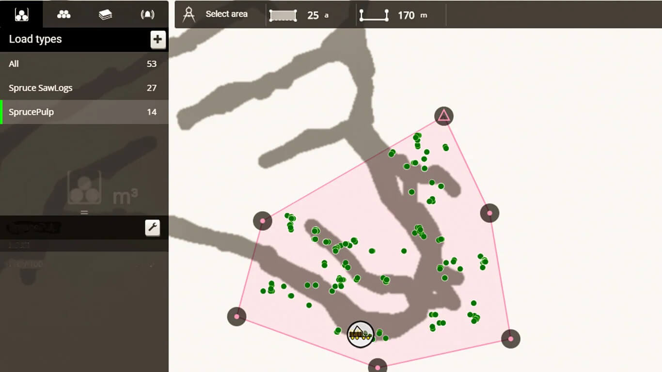 Žemėlapyje rodomi visi variantai iki atskiro rąsto, naudojant miško ruošos maršrutų tinklą. 