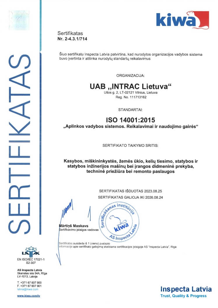 “INTRAC Lietuva” sertifikuota pagal ISO 14001 standartą. 
